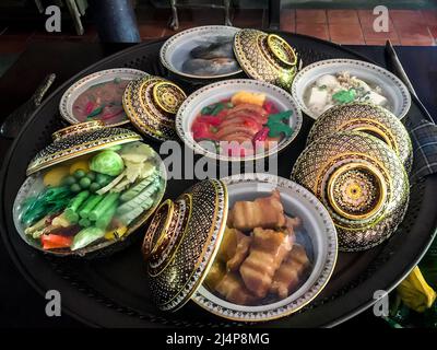 Wachsenfutter für Beispiele von thailändischen Gerichten, die Einheimische essen und Touristen probieren sollten. Nicht essbar Stockfoto