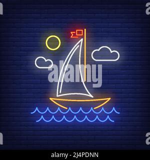 Cartoon Segelschiff Neon-Schild. Schiff, Reise, Abenteuer-Design. Nachts helles Neonschild, bunte Plakatwand, Lichtbanner. Vektorgrafik in Neo Stock Vektor