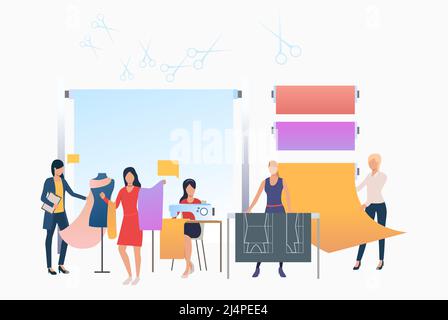 Näherinnen, Designer und Schneiderinnen, die in einer Schneiderei arbeiten. Schneiderei, Mode, individuelles Bekleidungskonzept. Vektorgrafik kann für Themen verwendet werden Stock Vektor