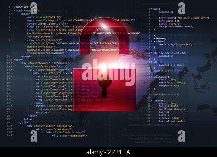Front-End-Web-Sicherheit, HTML-Programmiersprache. Website-Codierungsschutz Stockfoto