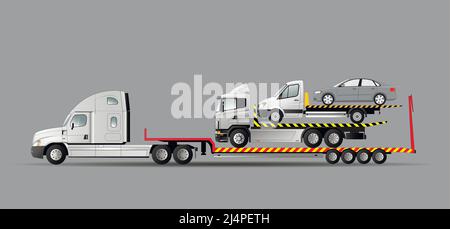 Abschleppwagen. Der Prozess der Evakuierung des Nottransportes mit evakuierten Autos. Flache Vektorgrafik. Stock Vektor