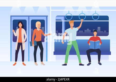 Pendler, die mit der U-Bahn fahren. Männer und Frauen sitzen, stehen und lesen in der Kutsche. Konzept des öffentlichen Nahverkehrs. Vektorgrafik kann uns sein Stock Vektor