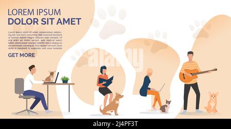 Haustiere, die Bücher lesen, an Laptops arbeiten und Gitarre spielen. Spaß, Tier, Freund Konzept. Vorlage für Präsentationsfolie. Vektorgrafik für oben Stock Vektor