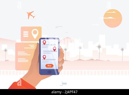 Person mit Mobiltelefon. Smartphone-Bildschirm, Kauftaste, Handfläche, Flugzeug. Flugbuchungskonzept. Vektorgrafik kann für Themen wie vacat verwendet werden Stock Vektor