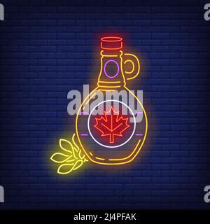 Ahornsirup Flasche mit Blatt Neon-Schild. Kanada, Getränke, Werbegestaltung. Nachts helles Neonschild, bunte Plakatwand, Lichtbanner. Vektorgrafik Stock Vektor