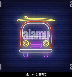 Van mit Surfbrett Neon-Schild. Surfen, Extremsport, Tourismus-Design. Nachts helles Neonschild, bunte Plakatwand, Lichtbanner. Vektordarstellung in Stock Vektor