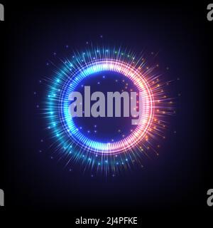 Technologie glühender HUD-Kreis. Licht, Strahl und Funkenring. Farbenfroher Tunnel. Heller Rand. Magic Portal. Leuchtendes Elektron und Glint wirbeln. Feuer Stock Vektor