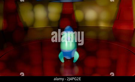 Raumschiff starten Abstract 3D Rendering Flying Space Rakete oben auf dem Podium rot Pastell Hintergrund Szene. Stockfoto