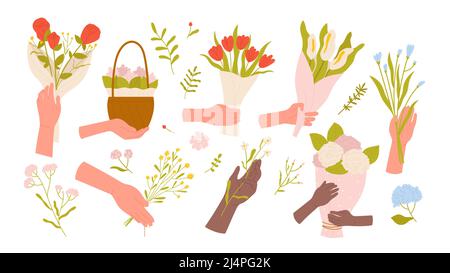 Vektorgrafik „Hände halten Blumen“. Cartoon Blumengeschenk für Mädchen, Blumenstrauß für Vase mit Haufen Sommer niedlichen wilden Kräutern, sanften Blütenblättern, Pflanzen und Blüten isoliert auf weiß. Floristik-Konzept Stock Vektor