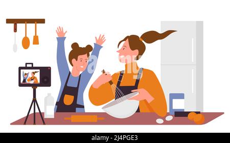 Essen Kochen Bloggerin. Entsendung Rezepte, Küche vlog Kanal isolierte Illustration Stock Vektor