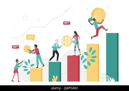 Geschäftsleute steigen mit Glühbirnen in den Händen die Schritte des Finanzdiagramms hoch. Cartoon kleine Partner Upgrade Arbeit mit kreativen Ideen, Teamarbeit von Personen flache Vektor-Illustration. Wachstum, Fortschritt Konzept Stock Vektor