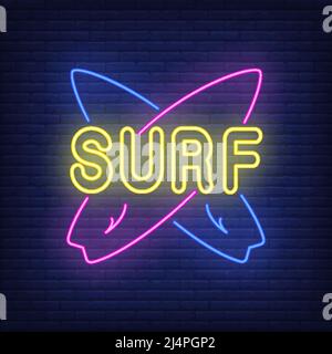 Surf Neon Schriftzug mit gekreuzten Surfboards. Surfen, Extremsport, Tourismus-Design. Nachts helles Neonschild, bunte Plakatwand, Lichtbanner. Vektor Stock Vektor
