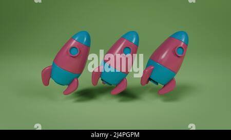 Raumschiff starten Abstract 3D Rendering Flying Space Rakete gelben Hintergrund Szene. Stockfoto