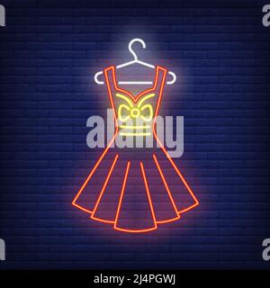 Kleid auf Aufhänger Neon-Schild. Einkaufen, Mode, Bekleidung. Neues Sammlungskonzept. Vektor-Illustration in Neon-Stil für Werbung, Online-Shopping, fa Stock Vektor
