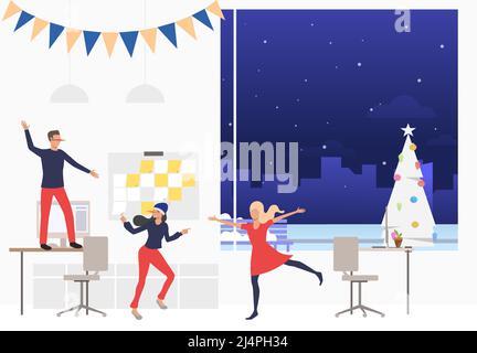 Gruppe glücklicher Arbeiter bei der Neujahrsparty. Männer und Frauen, die Spaß haben und tanzen. Weihnachtskonzept für das Büro. Vektorgrafik kann verwendet werden Stock Vektor