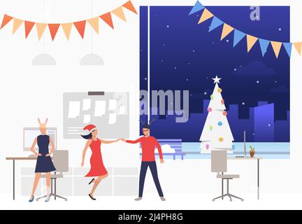 Glückliche Mitarbeiter bei der Neujahrsparty. Männer und Frauen, die Spaß haben und tanzen. Weihnachtskonzept für das Büro. Vektorgrafik kann für Prese verwendet werden Stock Vektor