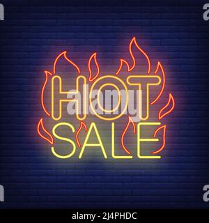 Heißer Verkauf mit Flammen Neon-Schild. Leuchtendes Neonschild an der Bar. Einkaufen, Verkauf, Rabatt. Heißes Verkaufskonzept. Vektorgrafik im Neon-Stil für Ladenwerbung Stock Vektor