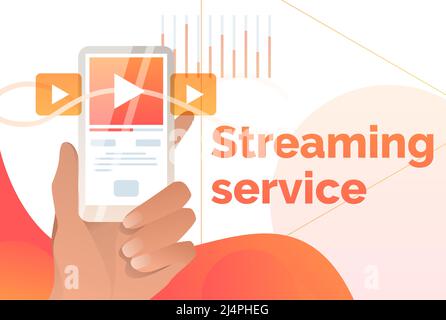 Vorlage für Streaming-Service-Poster. Mobiltelefon mit Handhaltung, Wiedergabetaste und Audiowelle. Medienkonzept. Vektorgrafik kann für die Breite verwendet werden Stock Vektor