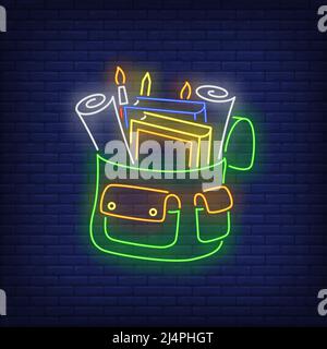 Rucksack mit Schreibwaren Neon-Schild. Schule, Schüler, Schreibwaren. Vektorgrafik im Neon-Stil für Themen wie Studium, Studentenleben, Bildung Stock Vektor
