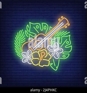 Ukulele mit Hibiskus Neonschild. Tropische Blumen, grüne Blätter und Gitarre. Leuchtende Banner- oder Billboard-Elemente. Vektorgrafik im Neon-Stil Stock Vektor