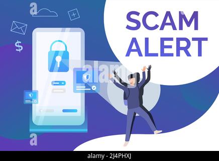 Vorlage für ein Poster mit Betrugswarnung. Hacker halten die Hände hoch. Konzept für das Scheitern von Cyberkriminalität. Vektor-Illustration kann für Präsentation, Poster, Landung pag verwendet werden Stock Vektor