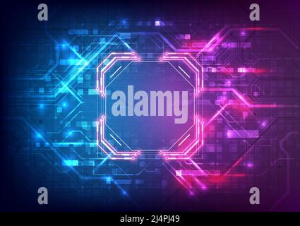 Abstrahieren Sie den Hardware- und Softwarehintergrund. Leiterplatte, Chip-Prozessor, Mainboard und Code-Programmierer. Hi-Tech-Computertechniker. Pixel-Bildschirm und Stock Vektor