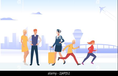 Flughafenmitarbeiter, der das Gepäck eines Familienpaares mit Kindern trägt. Stewardess, Koffer, Boarding. Konzept für Familienreisen. Vektordarstellung kann b Stock Vektor