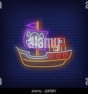 Piratenschiff mit Jolly Roger Neon-Schild. Abenteuer, Schiff, Reise-Design. Nachts helles Neonschild, bunte Plakatwand, Lichtbanner. Vektorgrafiken Stock Vektor