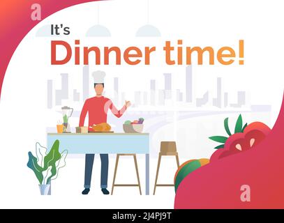 Koch kocht Abendessen in der Küche und zeigt Daumen hoch. Menü, Restaurant, Dinner-Konzept. Poster oder Landing Template. Vektorgrafik für Themen wie Stock Vektor