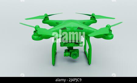 3D Rendern moderner grüner Farbe Fernbedienung Luftdrohne Fliegen mit Action-Kamera auf weißem Hintergrund Stockfoto