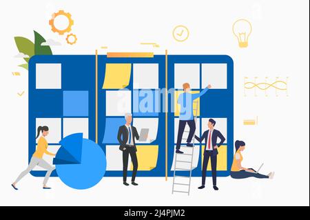 Team arbeitet an der Inbetriebnahme. Notizbrett, Diagramm, Scrum Meeting. Geschäftskonzept. Vektorgrafik kann für Präsentationsfolien, Landing Pages, Stock Vektor