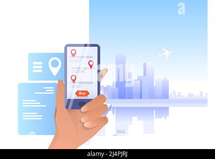 Smartphone in der Hand halten. Kaufen-Taste, Online-App, Flugzeug. Flugbuchungskonzept. Vektorgrafik kann für Themen wie Ticketkauf, Reisen verwendet werden Stock Vektor