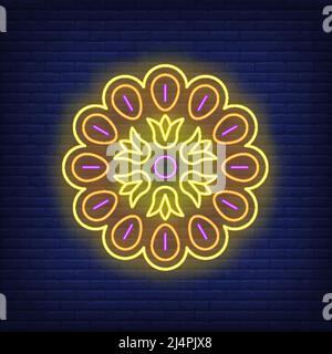 Neonschild mit Mandala-Muster. Meditation, Spiritualität, Yoga-Design. Nachts helles Neonschild, bunte Plakatwand, Lichtbanner. Vektorgrafik in Neo Stock Vektor
