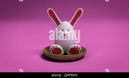 3D Render weißen Hase Gesicht ostereier Kaninchen mit langen Ohr auf Korb auf rosa Hintergrund gesetzt Stockfoto