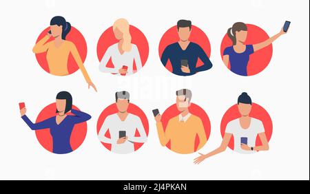 Set von jungen Menschen mit Smartphones. Flache Zeichentrickfiguren in roten Runden. Vektor-Illustration für die Präsentation, Sammlung von Aufklebern für Website Stock Vektor