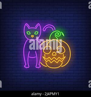 Gruselige Kürbis- und Katzen-Neonzeichen. Halloween Party, Herbst Design. Nachts helles Neonschild, bunte Plakatwand, Lichtbanner. Vektorgrafik in Neon Stock Vektor