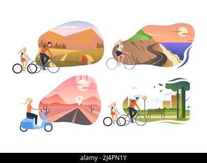 Gruppe von Menschen, die Fahrräder fahren. Eine Gruppe von Männern und Frauen, die mit dem Fahrrad durch verschiedene Landschaften fahren. Sommerliches Sportkonzept. Vektorgrafik kann verwendet werden Stock Vektor