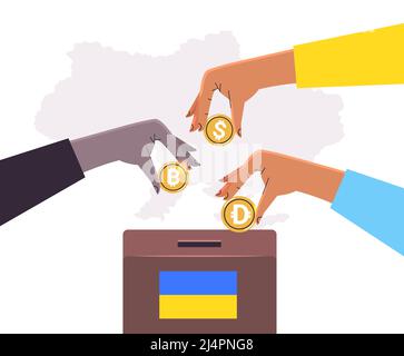 Hände mit Krypto-Currencys helfen Ukraine Anti-Krieg-Spende an ukrainische Armee spenden, um die Ukraine Solidarität zu retten Stock Vektor