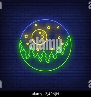 Blick durch das Teleskop mit Wald, Sternen und Mondneon. Astronomie, Wissenschaft, Werbegestaltung. Nacht helles Neonschild, bunte Plakatwand, li Stock Vektor