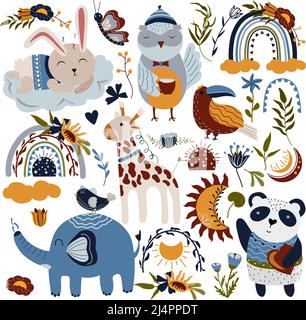 Boho Tiere, Mond, Regenbogen, Blumen. Sammlung von mystischen Elementen für Ihr Design. Moderne Kinderillustration in Pastellfarben. Vektorgrafik Stock Vektor