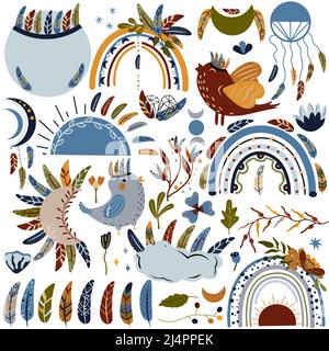 Böhmische Stammesvögel, Regenbögen, Blumen und andere. Kollektion Mystic Feathers. Moderne Kinderzimmer-Illustration in Pastellfarben. Vektorgrafik. Stock Vektor