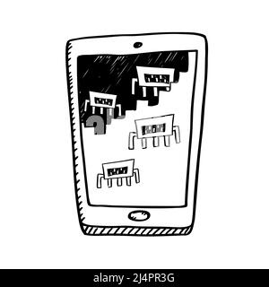 Cartoon-Stil schwarz und weiß Doodle des Mobiltelefons mit angreifenden Virus auf dem Bildschirm. Stock Vektor