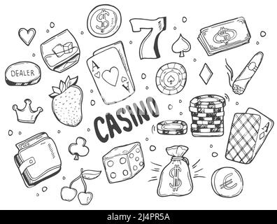 Doodle skizzenhafte Vektor handgezeichnete Doodle Cartoon-Set von Casino-Objekten und Symbolen Stock Vektor