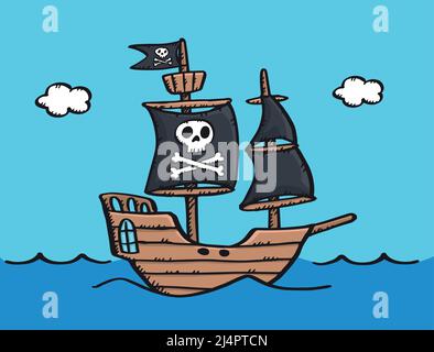 Bunte Kritzelei von segelnden Piratenschiff. Handgezeichnete Vektorgrafik. Stock Vektor