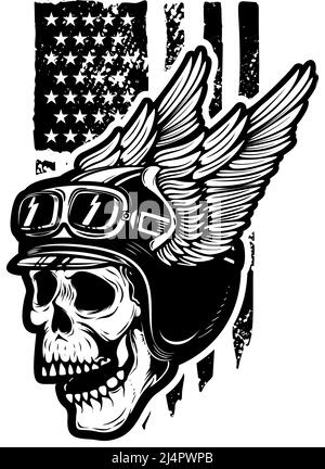 Totenkopf in geflügeltem Motorradhelm auf amerikanischer Flagge Hintergrund. Gestaltungselement für Logo, Emblem, Schild, Poster, T-Shirt. Vektorgrafik Stock Vektor