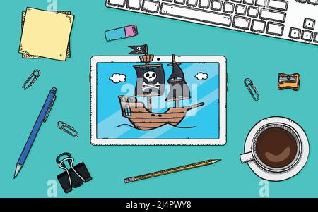 Auf dem Schreibtisch liegt ein buntes Kritzelkritzel aus Tablet, auf dem ein Piratenschiff auf dem Bildschirm zu sehen ist. Stock Vektor