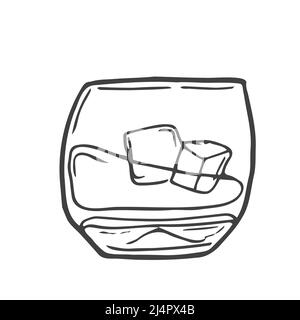 Doodle Linie Zeichnung von Whisky in Glas mit Eiswürfeln. Bar- und Restaurantkonzept minimalistisches Design für Logo auf weißem Hintergrund isoliert. Stock Vektor