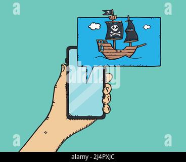 Bunte Doodle der Hand hält Smartphone mit Piratenschiff auf Comics Blase. Stock Vektor