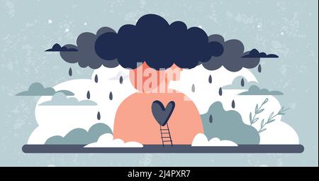 Psychologie Kunstkonzept, eine Wolke mit Regen über dem Kopf einer Person. Illustration über psychologische Hilfe, Depressionen bei Teenagern, Midlife Crisis. Vektor Stock Vektor