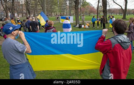 Edinburgh, Schottland, Großbritannien. 17. April 2022. 'Edinburgh mit der Ukraine' Protest gegen die russische Invasion. Ukrainische Menschen und andere Nationalitäten versammeln sich, um sich gegenseitig zu trösten und Solidarität zu zeigen. The Meadows, Edinburgh, Schottland, Großbritannien. 17.. April 2022. Kredit: Newsandmore/alamy Live Nachrichten Stockfoto